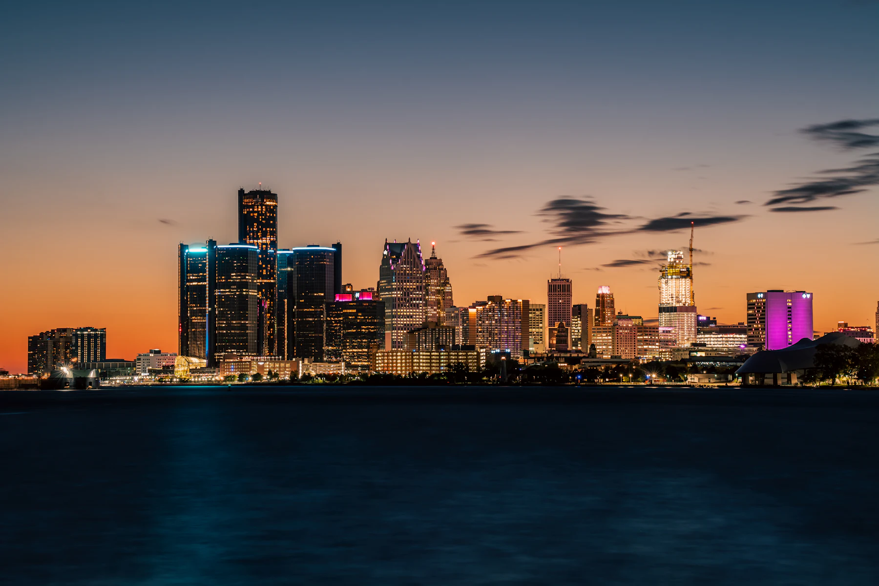 Detroit skyline across the river at blue hour
