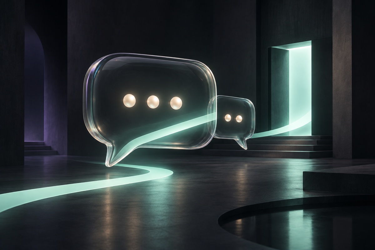 Translucent conversation bubbles guide a luminous path toward an open doorway.